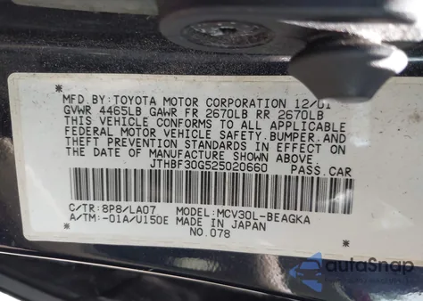 2002 Lexus Es 300 z USA, uszkodzony, nr VIN JTHBF30G525020660